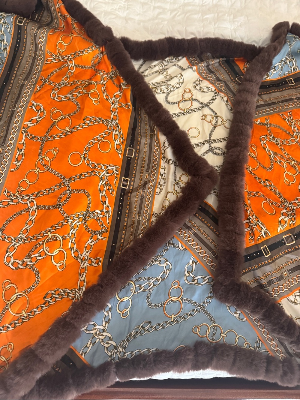 La Fiorentina Chain-Print wrap with Faux Fur Trim - Orange/Blue/Cream